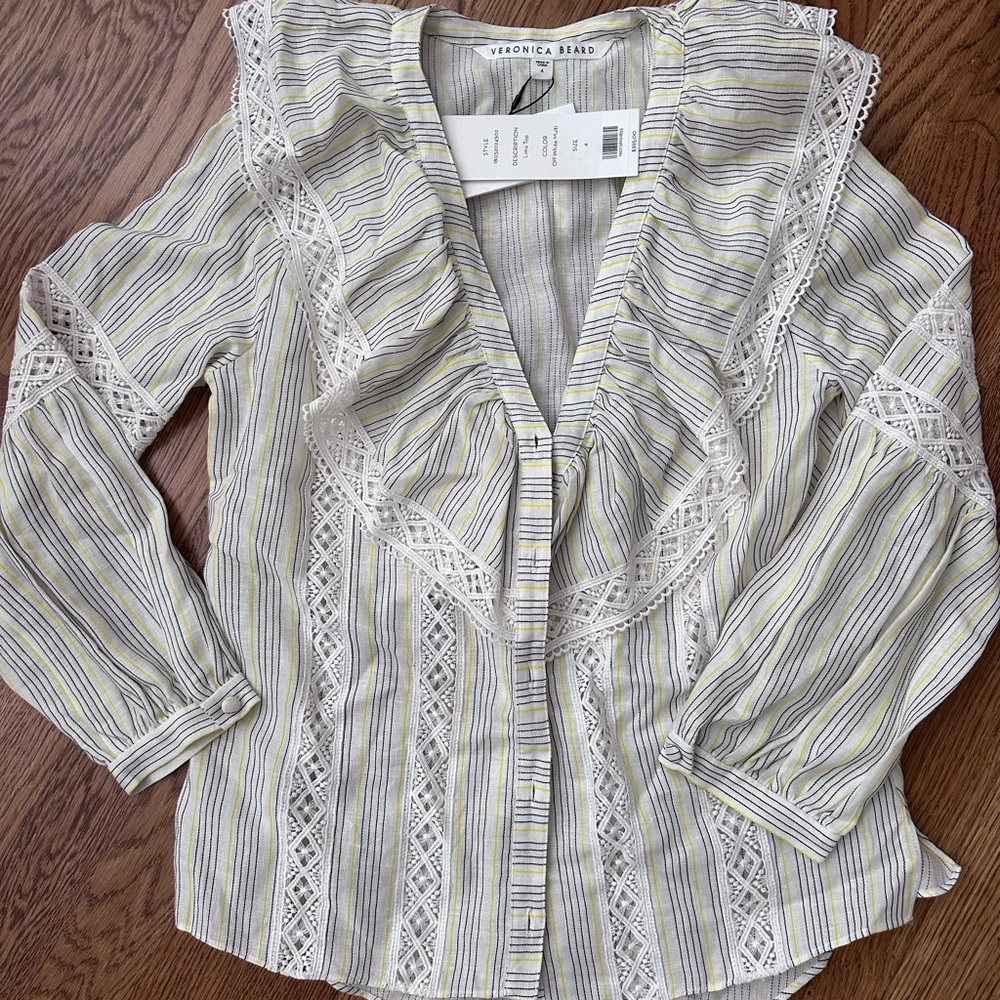 Veronica Beard Striped Lace Button-Down Shirt